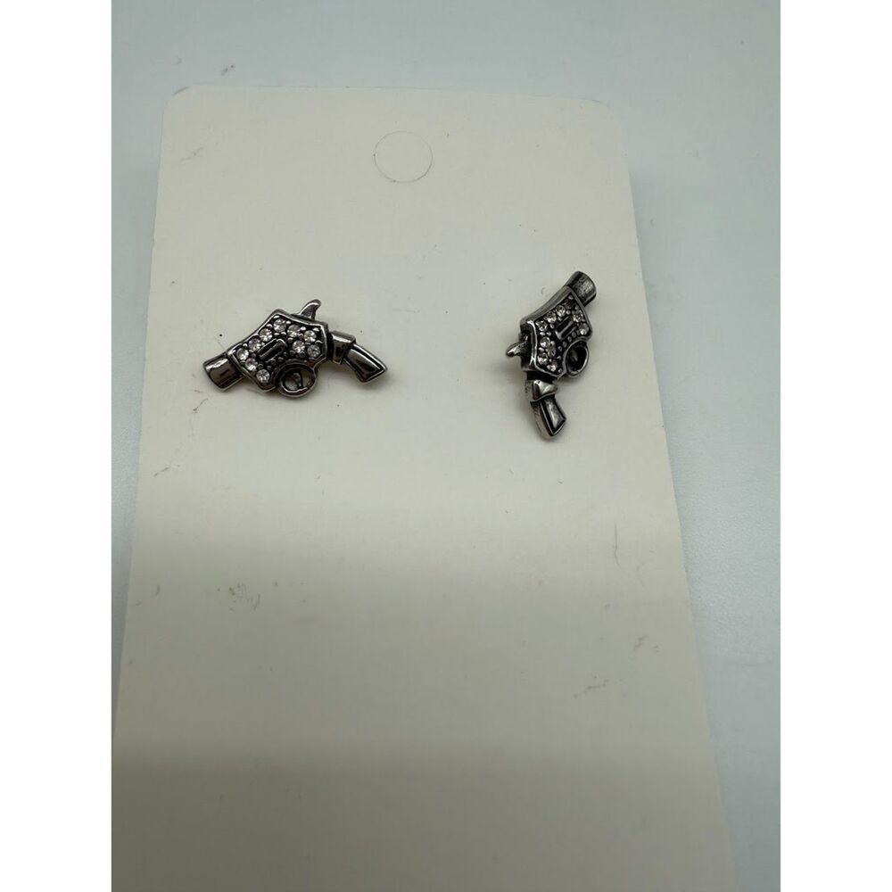 Silver tone with rhinestones hand gun earrings